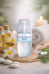Aceite ozonizado Ozonederma en entorno spa, dermocosmética para el cuidado de la piel con acné